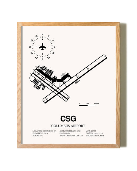 Columbus Airport framed print in natural wood frame