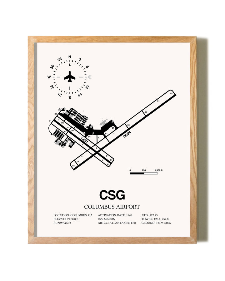 Columbus Airport framed print in natural wood frame