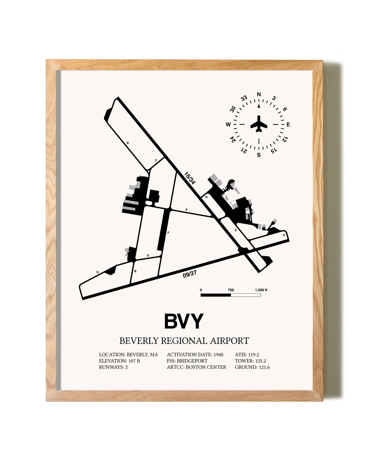 Beverly Regional Airport framed print in natural wood frame