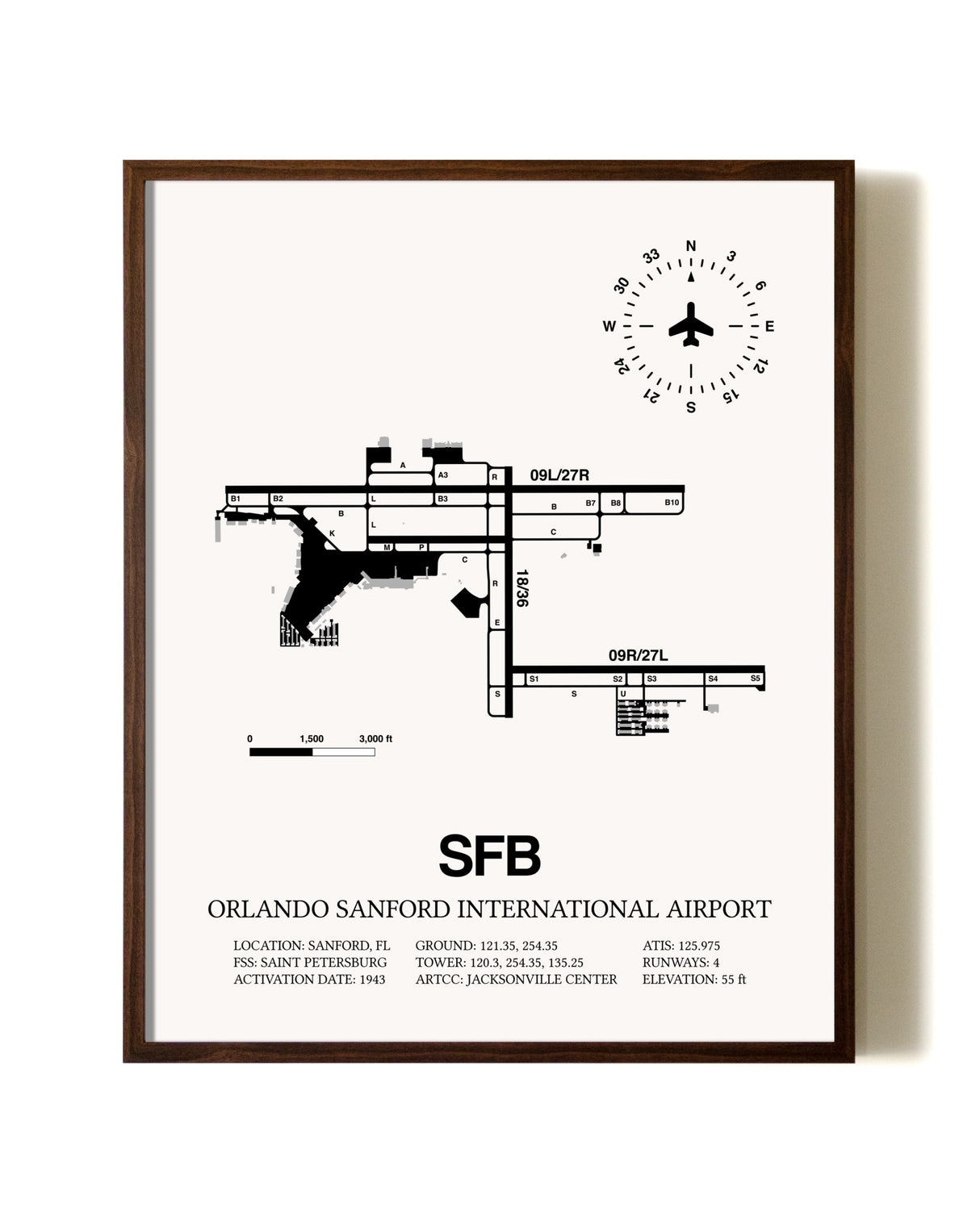 Orlando Sanford International Airport aviation print in walnut frame