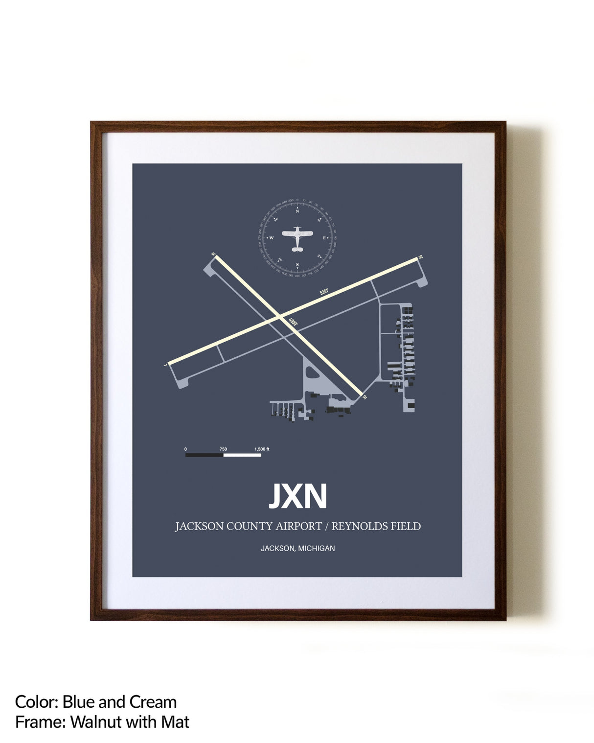 Jackson County Airport/Reynolds Field aviation print in walnut frame with mat