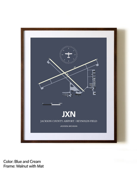 Jackson County Airport/Reynolds Field aviation print in walnut frame with mat