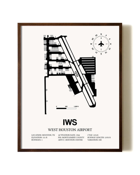 West Houston Airport aviation print in walnut frame
