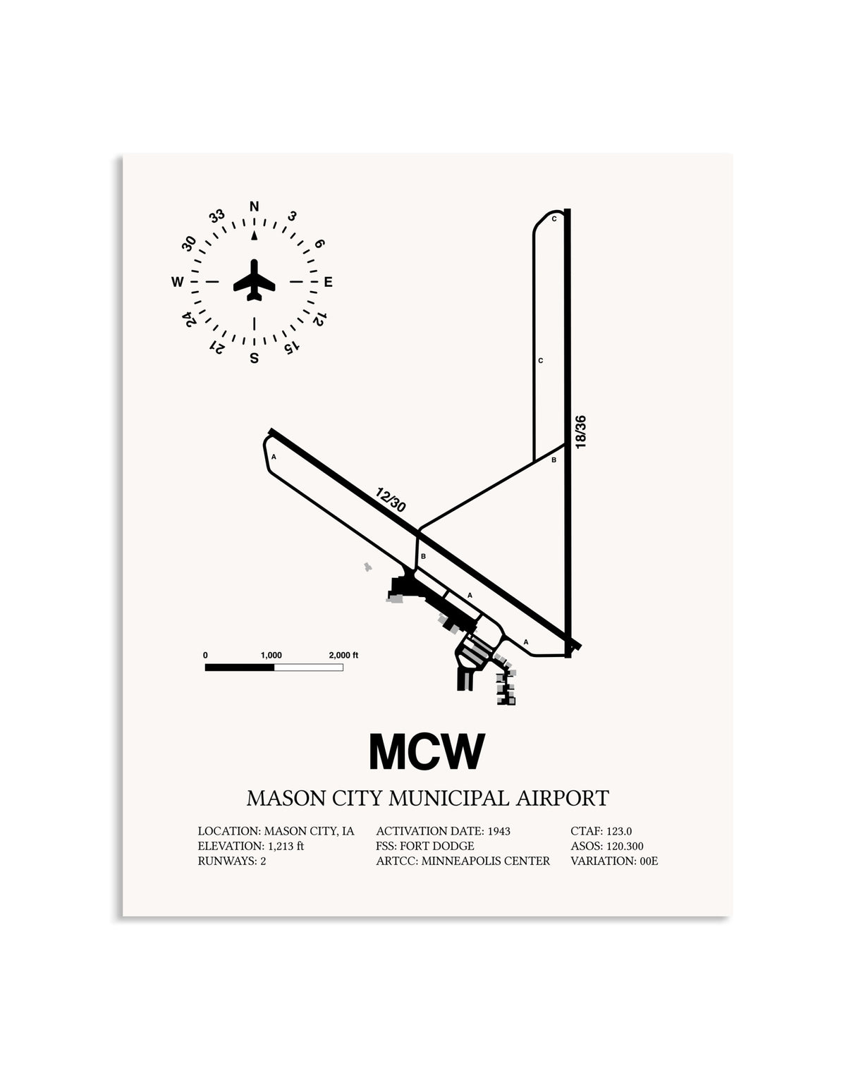 Gray Mason City Municipal Airport framed poster displayed in an airplane hangar