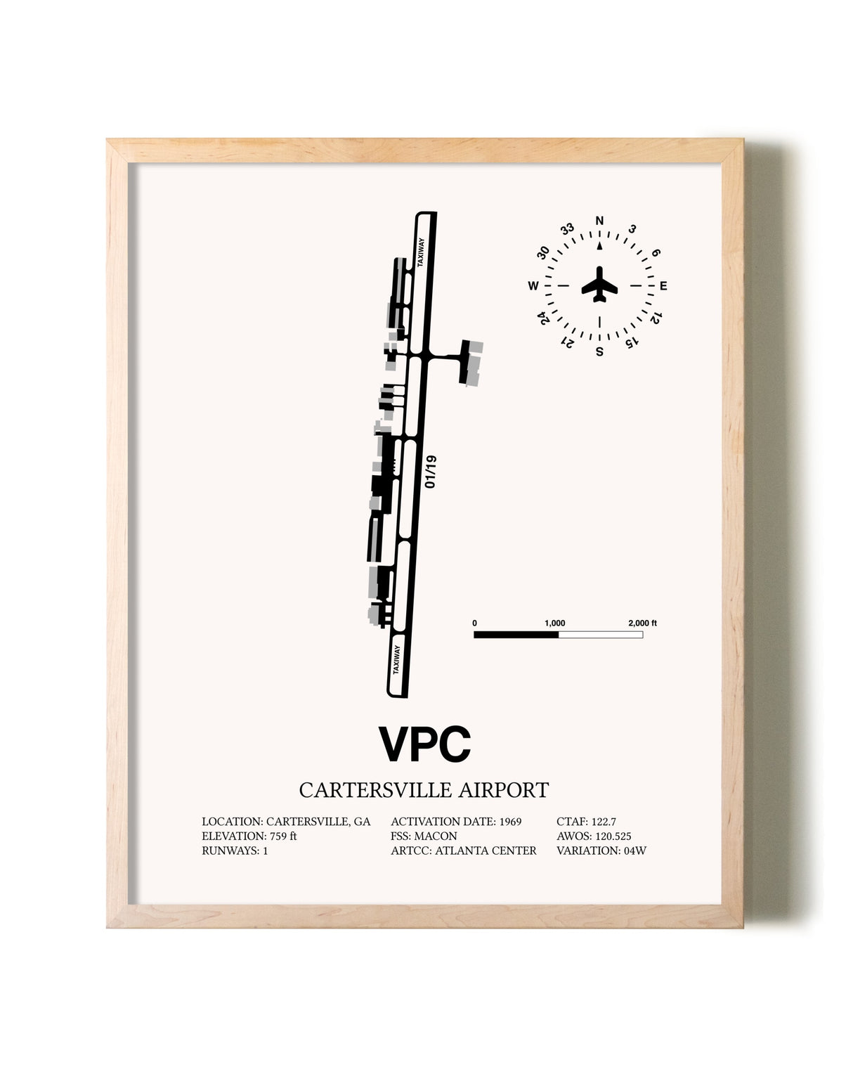Cartersville Airport framed wall art in white frame
