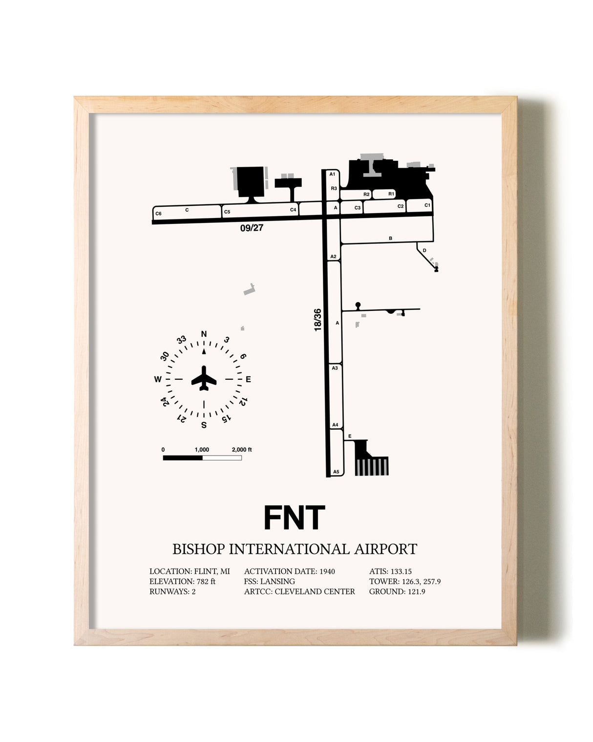Bishop International Airport framed wall art in white frame