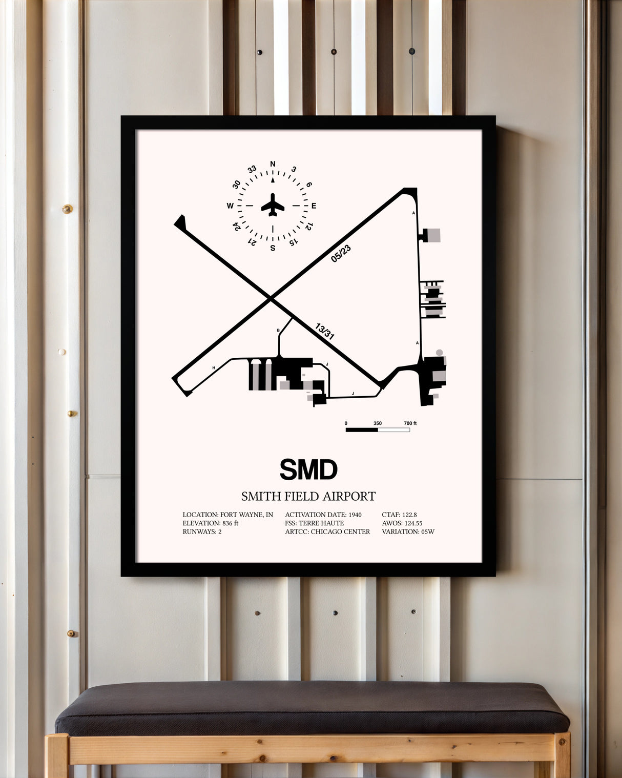Smith Field Airport framed poster displayed in an airplane hangar