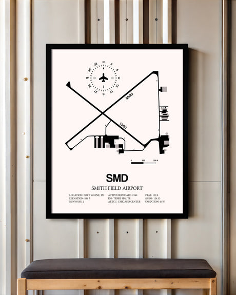 Smith Field Airport framed poster displayed in an airplane hangar