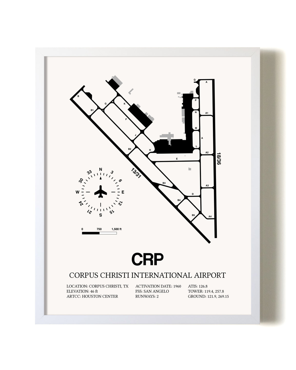 Corpus Christi International Airport airport map poster in oak frame