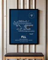 Fort Lauderdale/Hollywood International Airport framed poster displayed in an airplane hangar