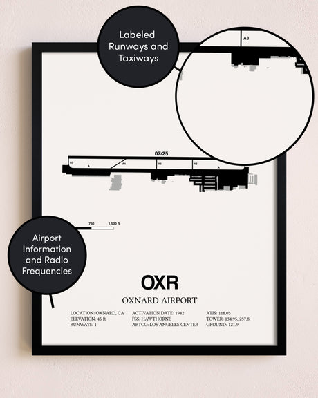 Framed Oxnard Airport layout wall art poster