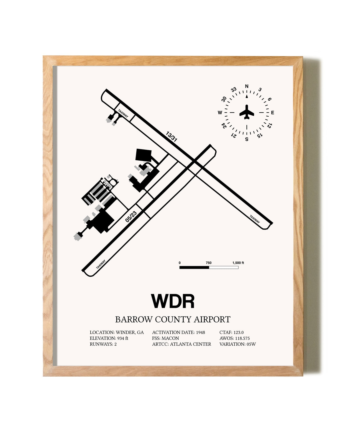 Barrow County Airport framed print in natural wood frame