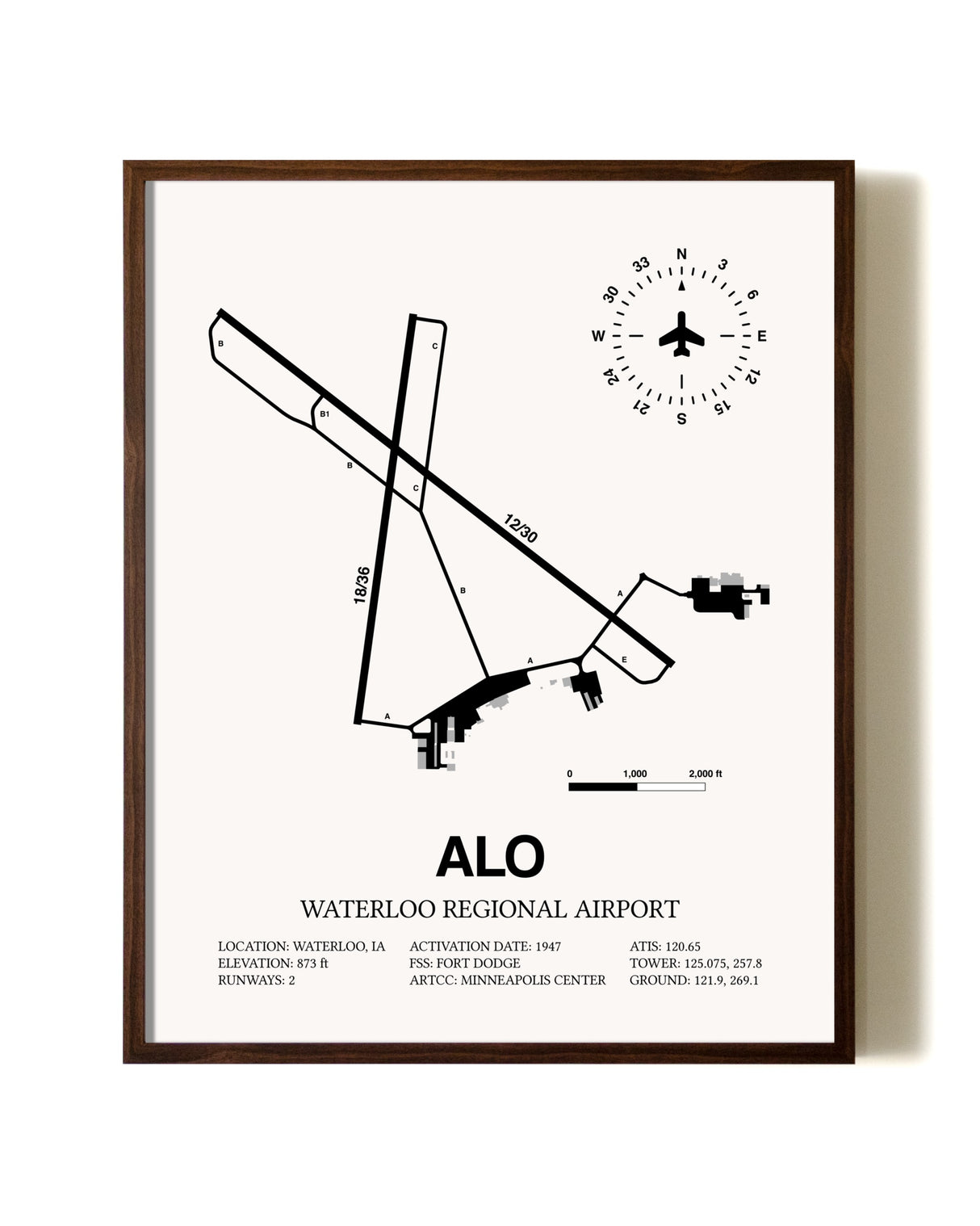 Waterloo Regional Airport aviation print in walnut frame