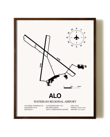Waterloo Regional Airport aviation print in walnut frame