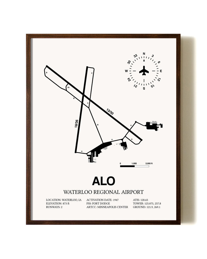 Waterloo Regional Airport aviation print in walnut frame