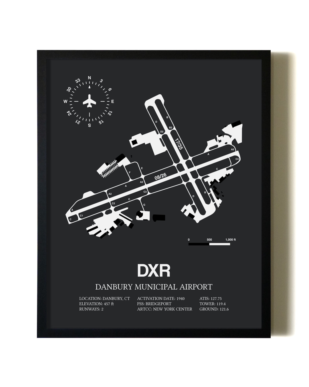 Unframed Danbury Municipal Airport map print poster