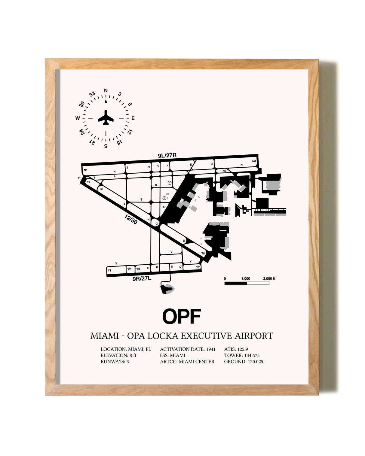 Miami-Opa Locka Executive Airport framed print in natural wood frame