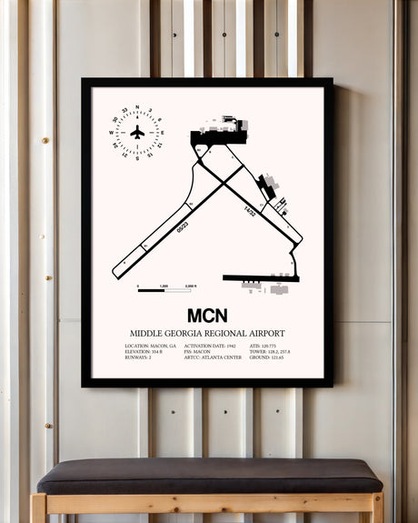 Middle Georgia Regional Airport framed poster displayed in an airplane hangar