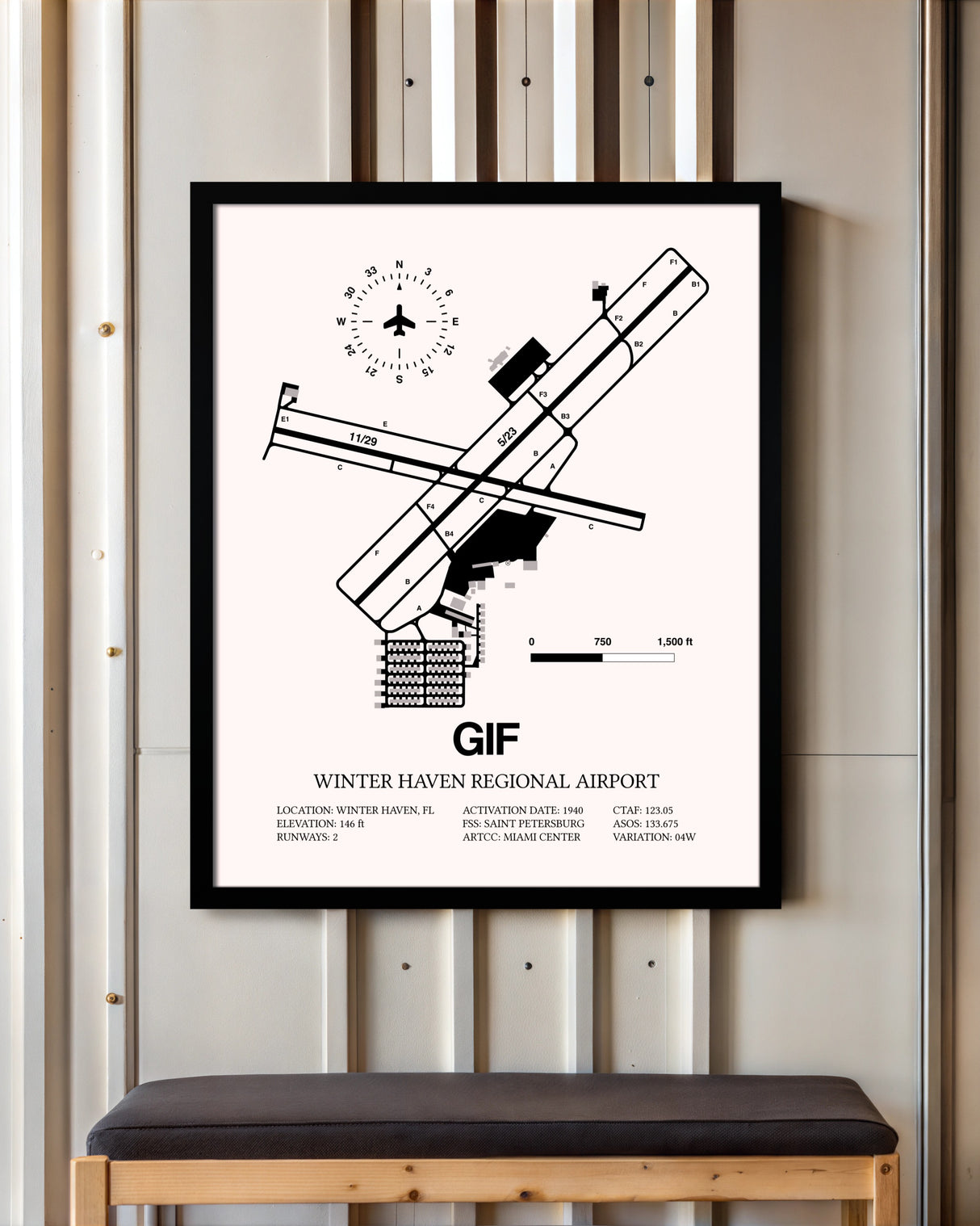 Winter Haven Regional Airport framed poster displayed in an airplane hangar