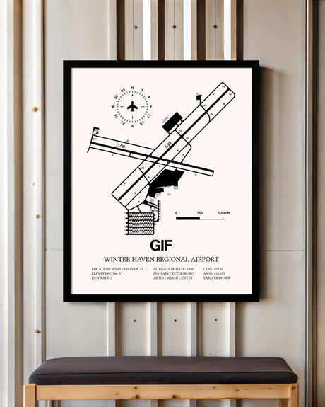 Winter Haven Regional Airport framed poster displayed in an airplane hangar