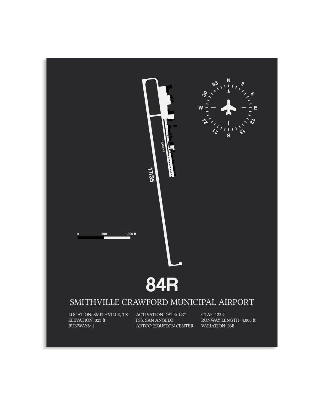 Gray Framed Smithville Crawford Municipal Airport layout wall art poster