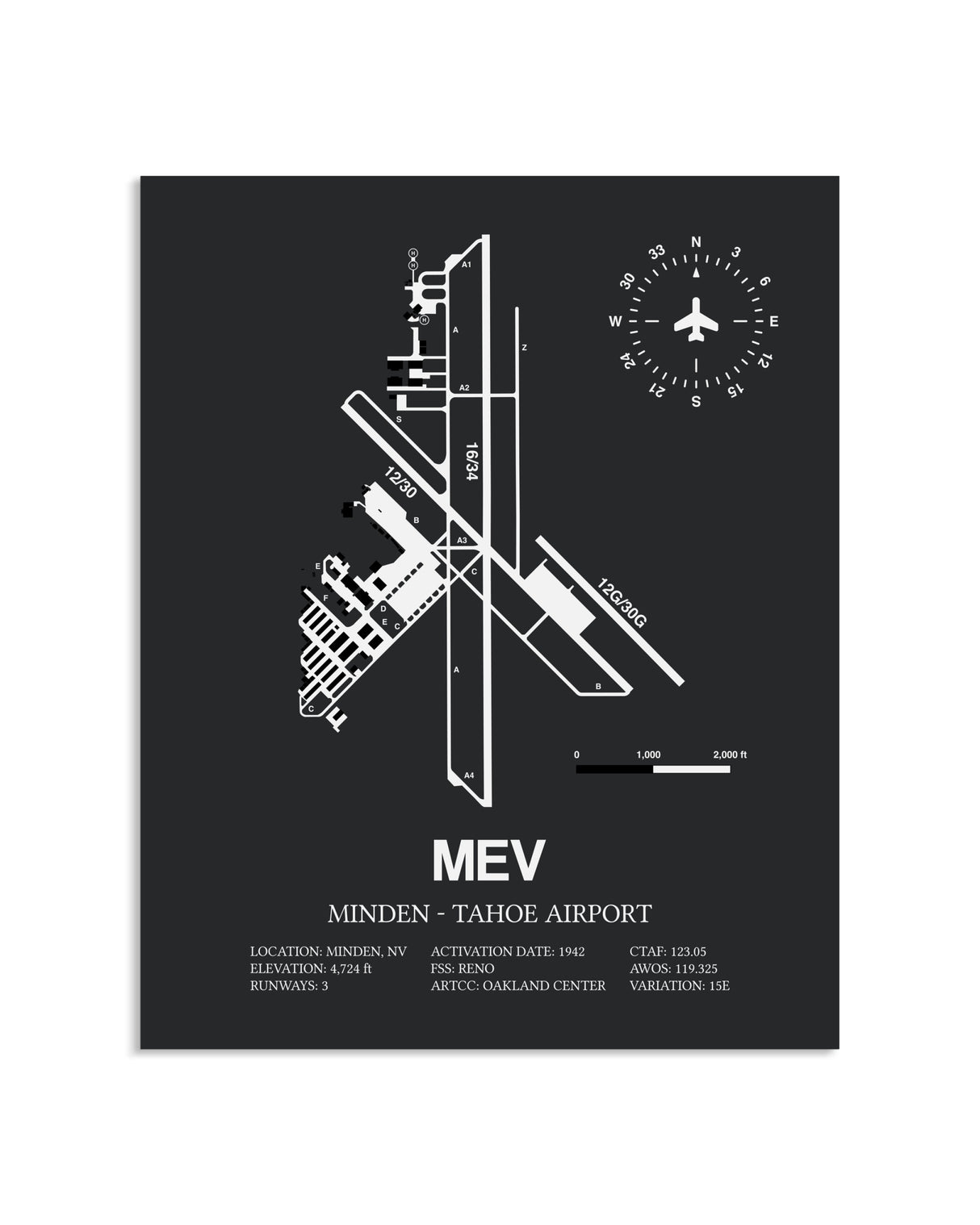 Gray Framed Minden-Tahoe Airport layout wall art poster