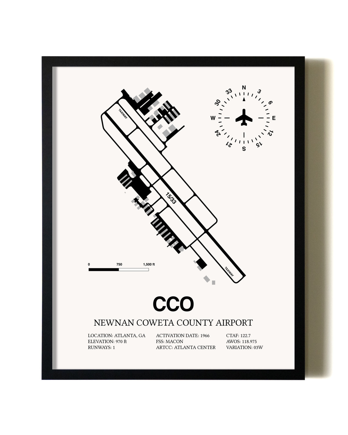 Framed Newnan Coweta County Airport wall art poster in black frame