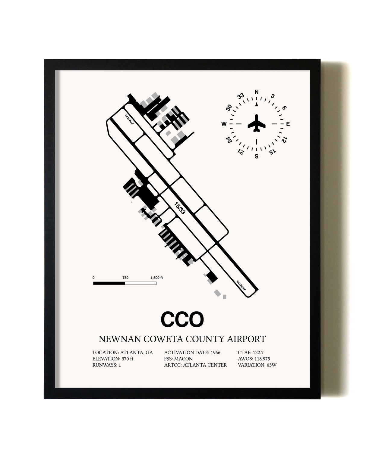 Framed Newnan Coweta County Airport wall art poster in black frame