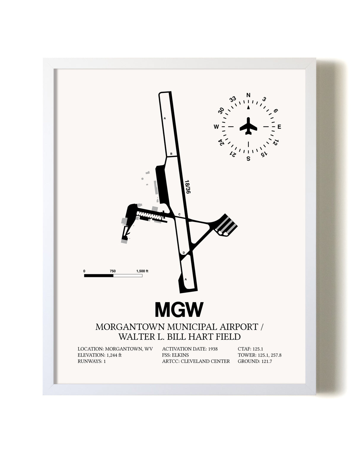 Morgantown Municipal Airport / Walter L. Bill Hart Field airport map poster in oak frame