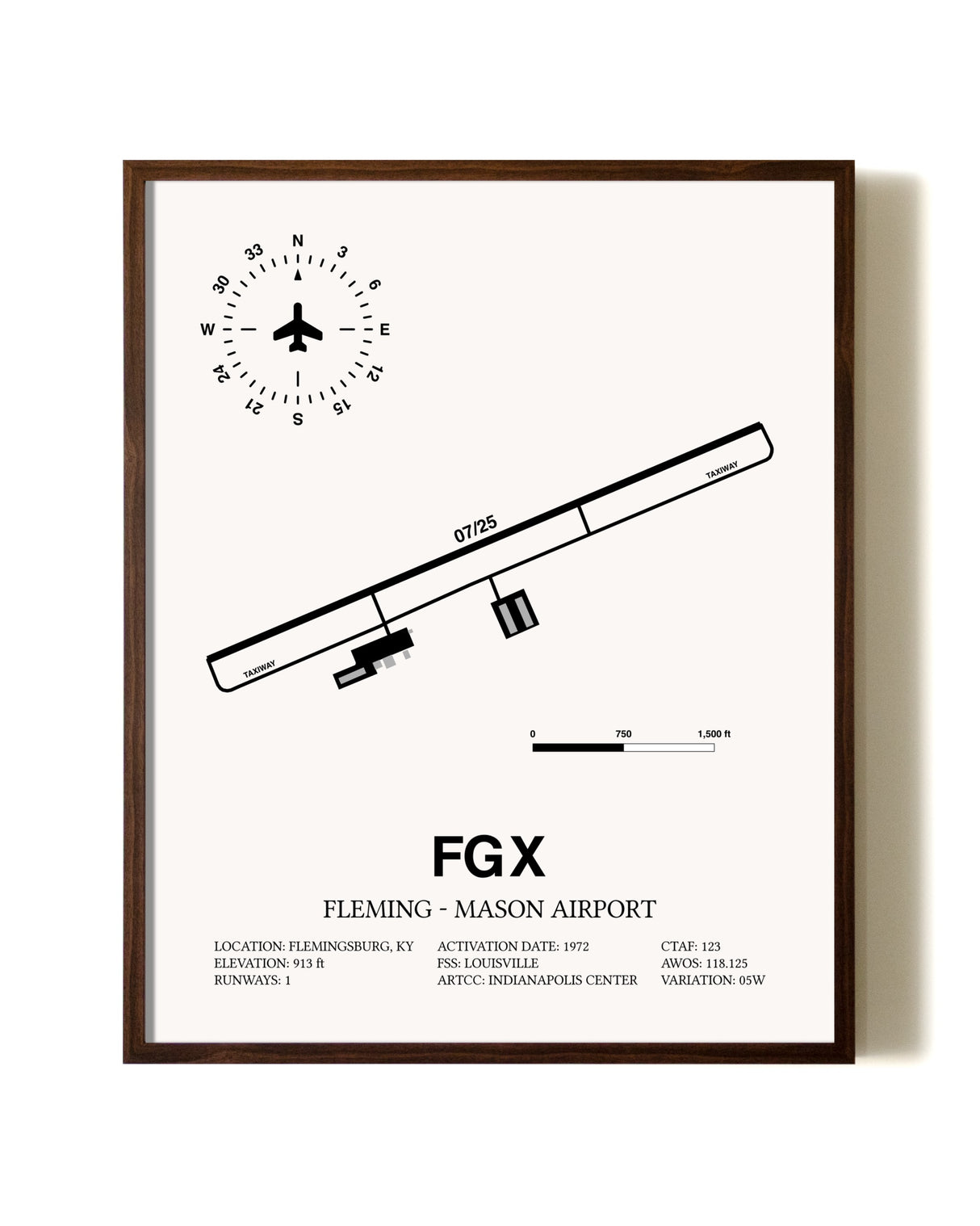 Fleming-Mason Airport aviation print in walnut frame