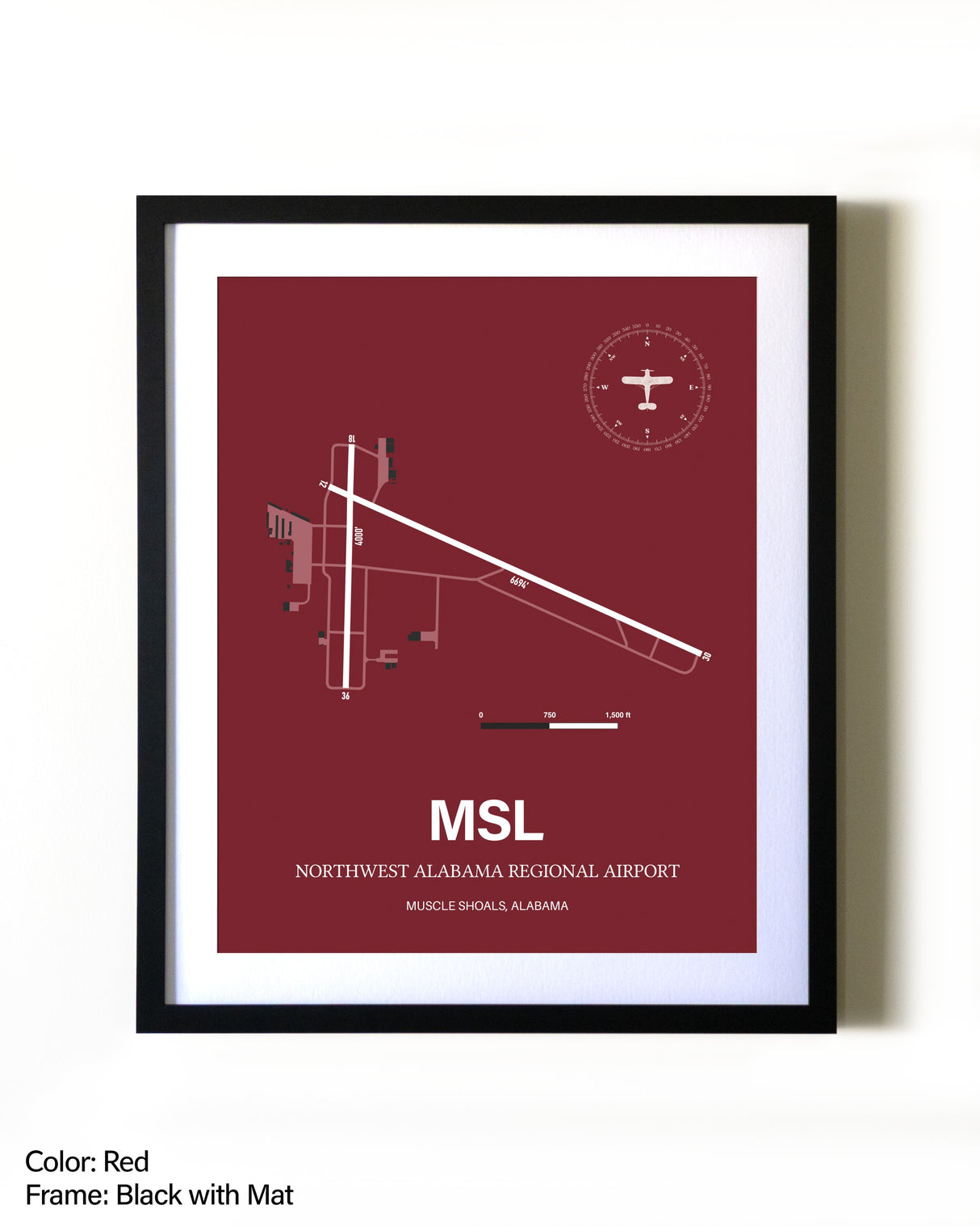 Northwest Alabama Regional Airport aviation wall décor in black wood frame