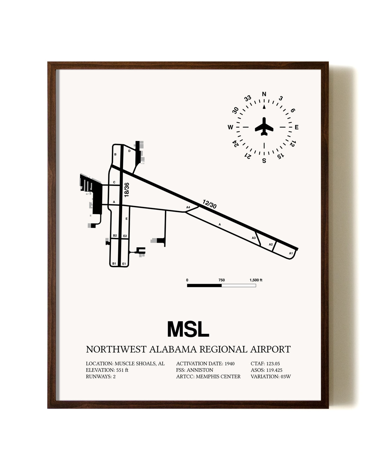 Northwest Alabama Regional Airport aviation print in walnut frame