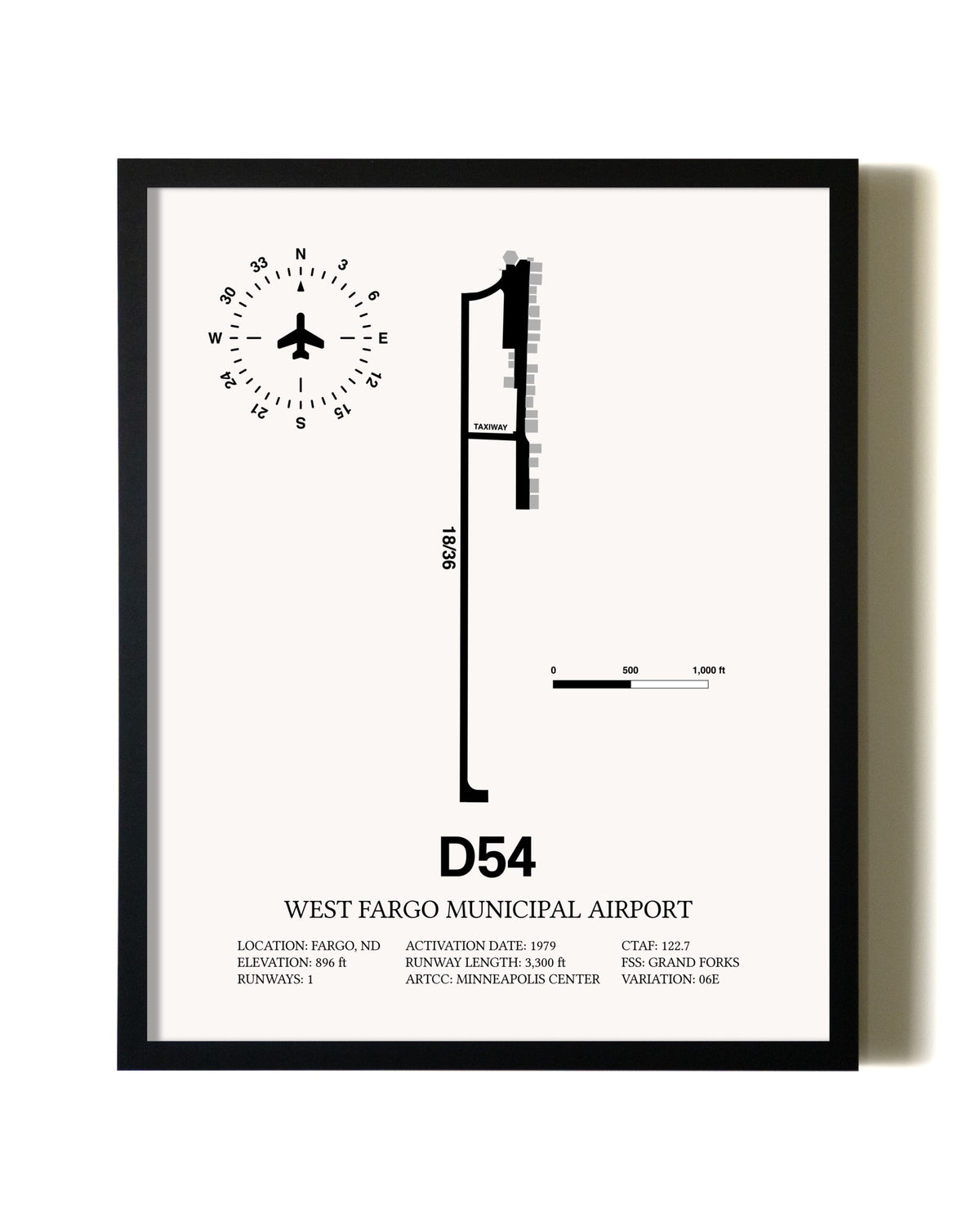 Framed West Fargo Municipal Airport wall art poster in black frame