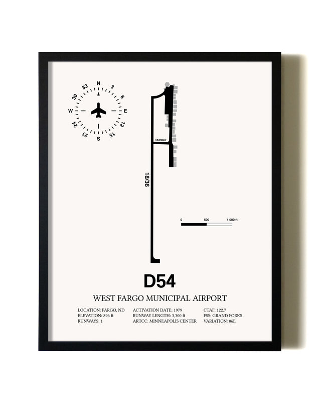 Framed West Fargo Municipal Airport wall art poster in black frame