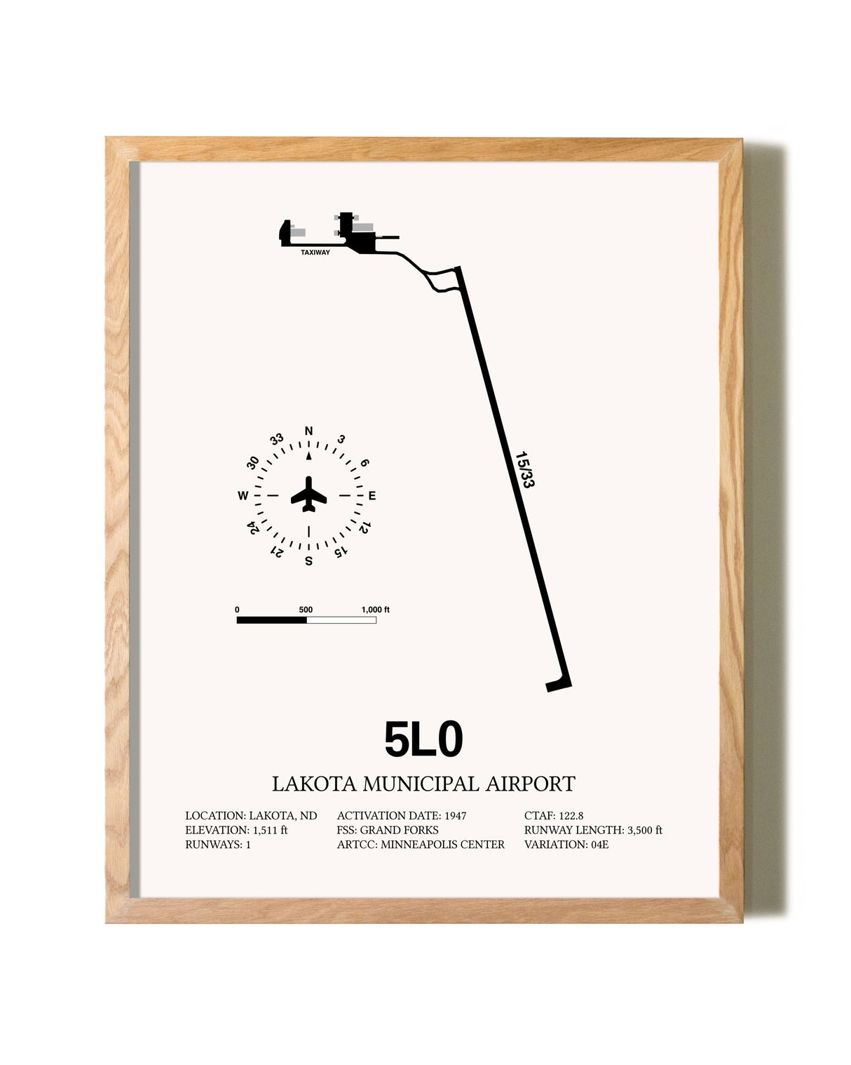 Lakota Municipal Airport framed print in natural wood frame