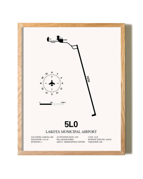 Lakota Municipal Airport framed print in natural wood frame