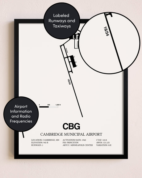 Framed Cambridge Municipal Airport layout wall art poster