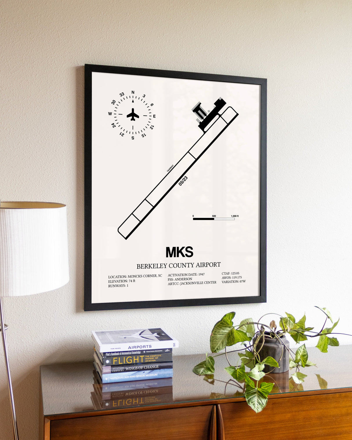 Berkeley County Airport aviation wall décor in black wood frame
