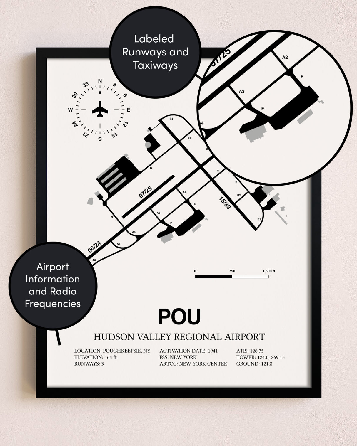 Framed Hudson Valley Regional Airport layout wall art poster