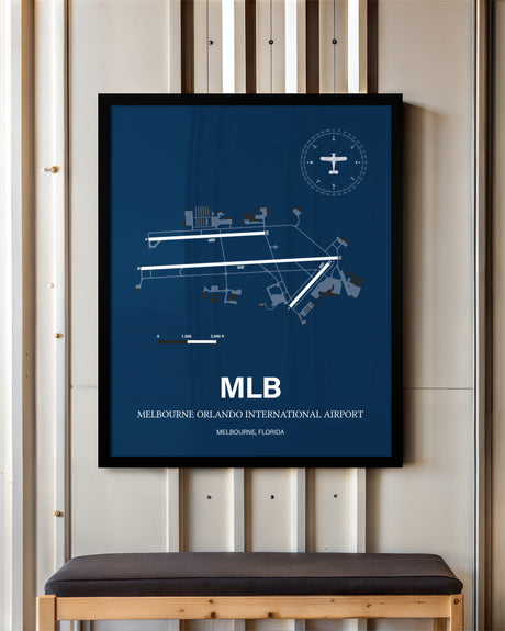 Melbourne Orlando International Airport framed poster displayed in an airplane hangar