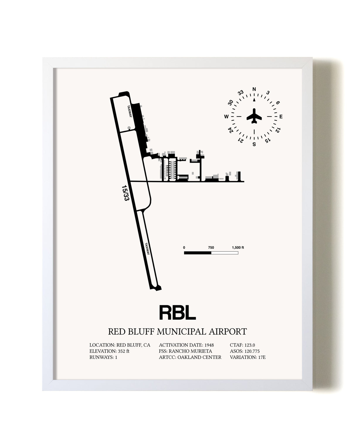 Red Bluff Municipal Airport airport map poster in oak frame