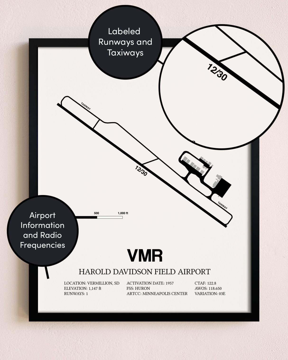 Framed Harold Davidson Field Airport layout wall art poster