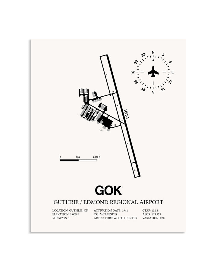 Gray Guthrie / Edmond Regional Airport framed poster displayed in an airplane hangar