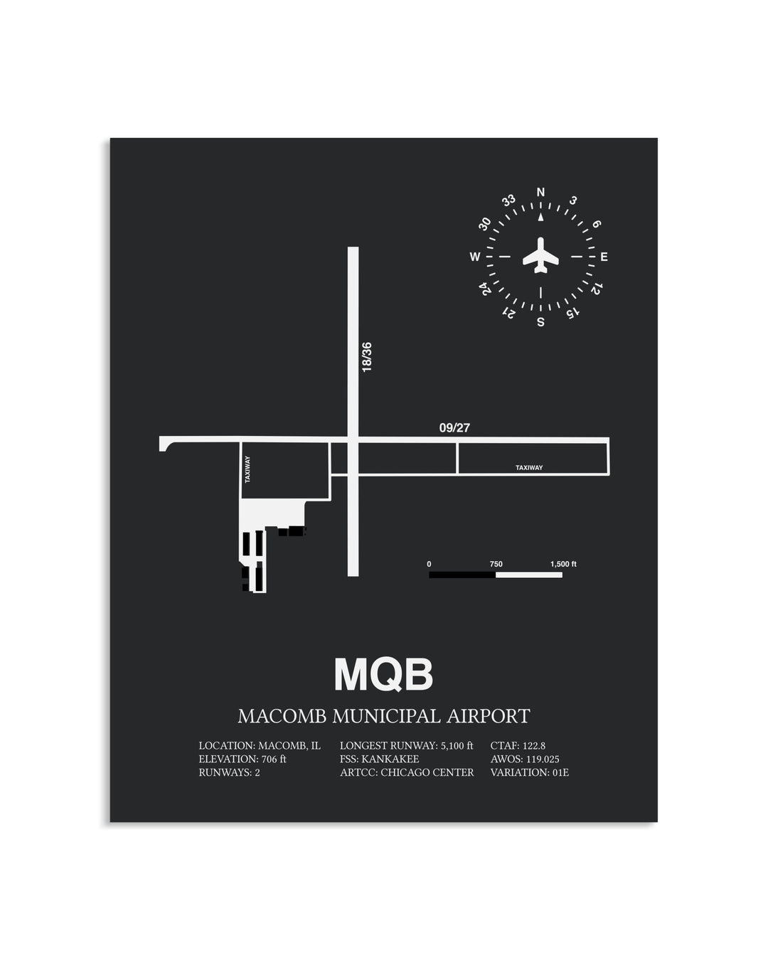 Gray Framed Macomb Municipal Airport layout wall art poster