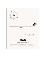 Gray Arens Field Airport framed poster displayed in an airplane hangar