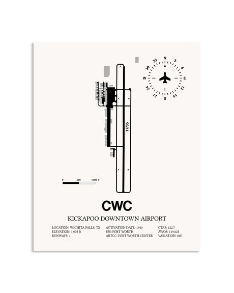 Gray Kickapoo Downtown Airport framed poster displayed in an airplane hangar