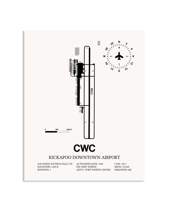 Gray Kickapoo Downtown Airport framed poster displayed in an airplane hangar