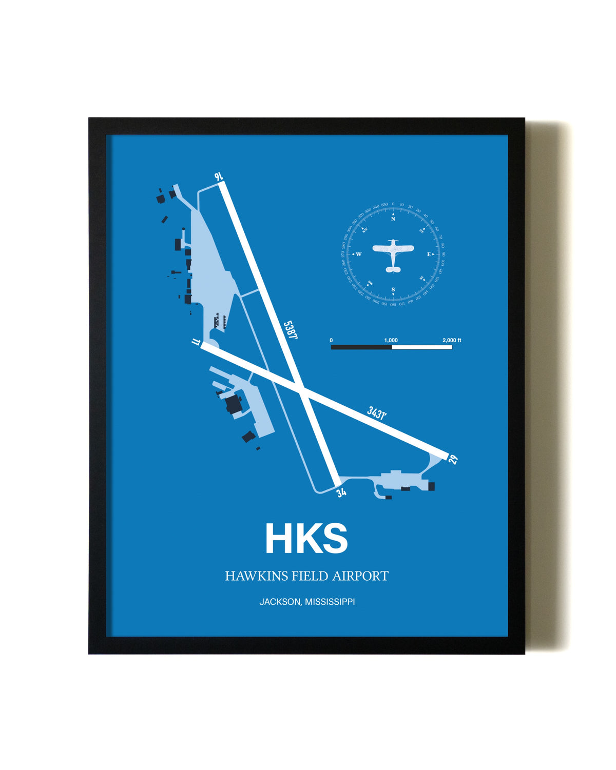 Sky Blue Hawkins Field Airport aviation wall décor in black wood frame