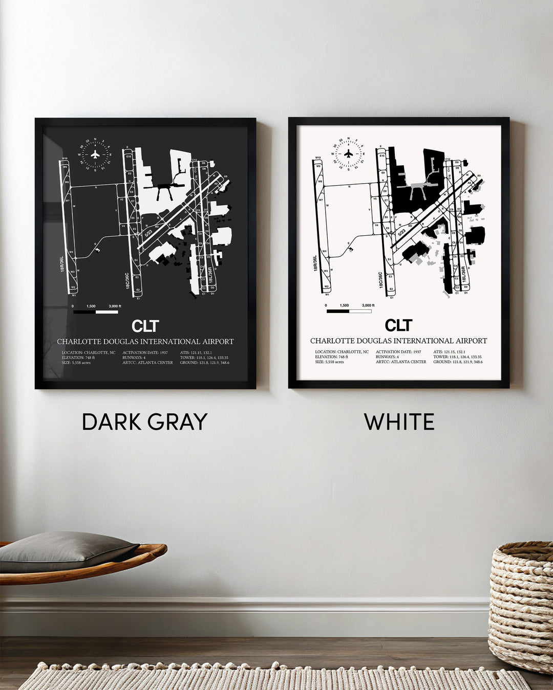 Framed Detailed Airport Map of Charlotte Douglas International Airport (CLT) in White and Gray