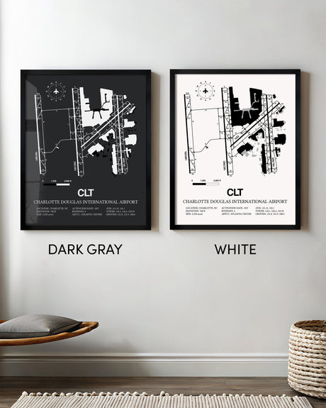 Framed Detailed Airport Map of Charlotte Douglas International Airport (CLT) in White and Gray